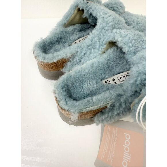 Birkenstock Papillio Arizona Big Buckle Faded Aqua Sherpa Shearling 40 9 Narrow - Picture 8 of 8